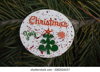 Handmade Christmas Joy Fridge Magnet With Red Glitter Background. 