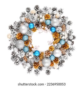 Handmade Christmas wreath decorated with blue and silver Christmas decorations, fir-cones. White background. Isolated. - Powered by Shutterstock