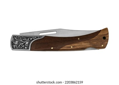 Handmade Closed Folding Pocket Knife With Wooden Handle From Cambodia Isolated On White Background