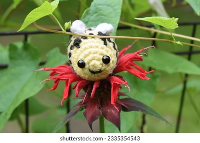Handmade Crochet Bumble Bee Resting on Monarda aka Bee Balm Flower