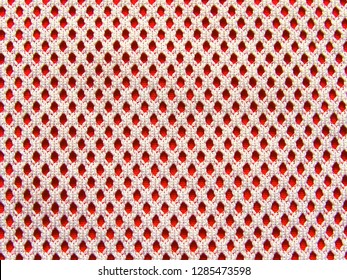 Handmade Crochet Cloth Mesh Pattern Texture. Background Fabric Crochet Mesh Cloth White Red Textile. Detail Close Up Pattern Background White Red Fashion Cloth Mesh Holes. Crochet Dots Lace Wallpaper