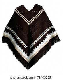 Handmade Crocheted Beautiful Brown-white Poncho, On A White Background.