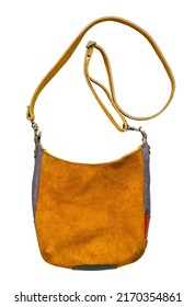 handmade crossbody bag hand sewn from soft yellow suede cutout on white background