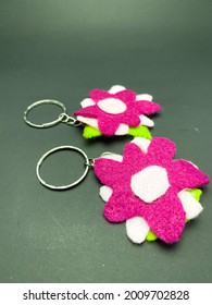 Handmade Diy Pinky White And Green Flowered Key 
 Chain Made From Flannel Fabric