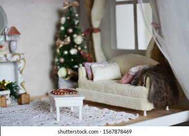 Handmade Dollhouse Living Room For Girls, With Furniture Made Of Wood