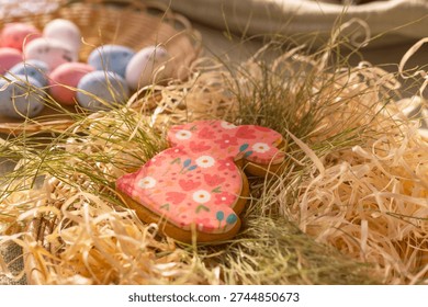Handmade Easter bunny cookie with decorative icing rustic bakery promotion