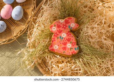Handmade Easter bunny cookie with decorative icing rustic bakery promotion