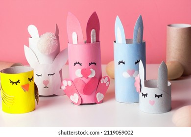 Handmade Easter decoration cute little rabbit. Art from paper tube Reuse concept. Making cute bunny DIY for kids. Spring home activities. - Shutterstock ID 2119059002