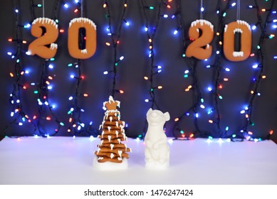 The Hand-made Eatable Gingerbread House, Mouse - Symbol Of Year 2020, New Year Tree, Snow Decoration, Garland Background Illumination