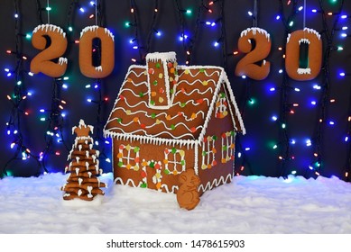 The Hand-made Eatable Gingerbread House, Mouse - Symbol Of Year 2020, New Year Tree, 2020 Inscription, Snow Decoration, Garland Background Illumination