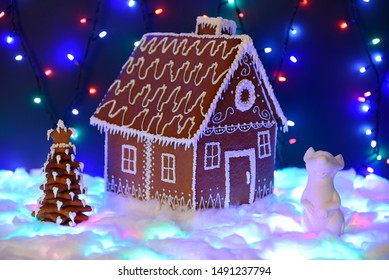 The Hand-made Eatable Gingerbread House, Mouse - Symbol Of Year 2020, New Year Tree, Snow Decoration, Garland Background Illumination