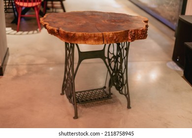 Handmade Epoxy Resin Round Wood Table. Reclaimed Wood Furniture And Live Edge Table Made From Fallen Trees