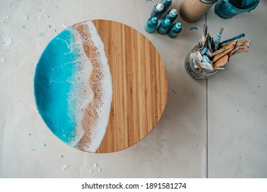 Handmade Epoxy Resin Wood Tray With Sea Waves.