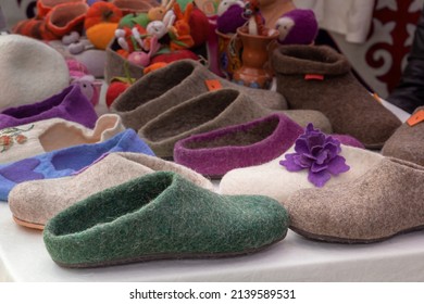 Handmade Felt Shoes On The Counter Of A Street Fair