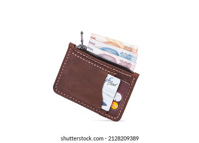 Handmade Genuine Leather Wallet Credit Card Holder, White Background