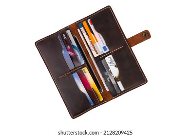 Handmade Genuine Leather Wallet Credit Card Holder, White Background