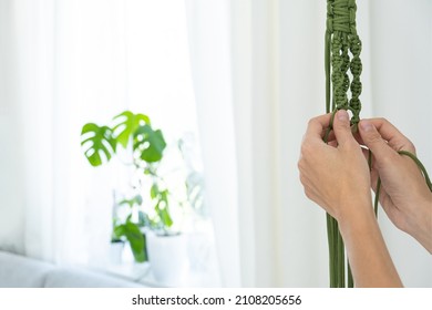 Handmade Green Macrame Plant Hangers With Potted Plant Are Hanging On Woman Hand. Pot And Monstera Plant