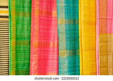 Handmade Indian silk sari, saree with golden details, woman wear on festival, ceremony and weddings, expensive sarees are famous for their gold and silver zari, brocade. Incredible India.