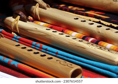 Handmade Indigenous flutes and blankets, native crafts, at the Six Nations summer pow-wow