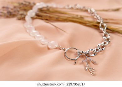 Handmade Jewellery. Silver Chain Necklace And White Quartz Stones.