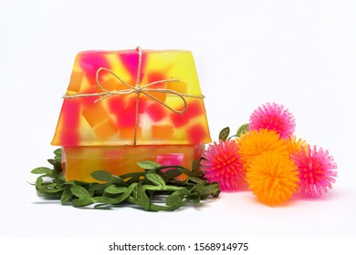 Handmade Karite And Sulfur Soap Isolated In A White Background. Concept Of Ecological And Artesanal Bath Products And Hygiene.  Fresh Homemade Soap Free Of Dangerous Chemicals For The Enviroment.