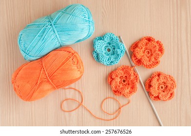 Handmade Knitted Crochet Flowers. Top View