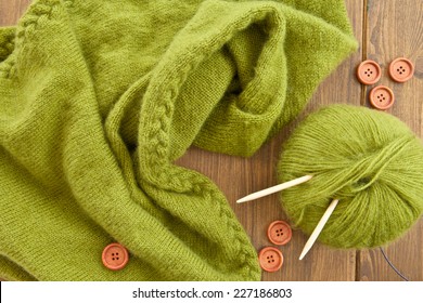 Handmade Knitted Scarf Made From Green Angora Wool