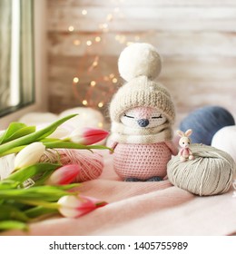 Handmade knitted toy. Amigurumi penguin toy. Crochet stuffed animals. Miniature crochet penguin