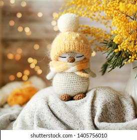 Handmade knitted toy. Amigurumi penguin toy. Crochet stuffed animals. Miniature crochet penguin