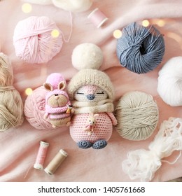 Handmade knitted toys. Amigurumi toys. Crochet stuffed animals. Bunnies and penguin. Miniature crochet dolls