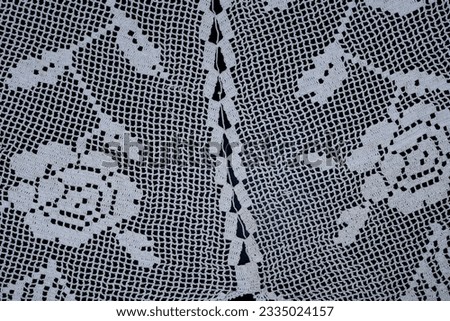 Handmade lace tablecloth, coffee table cover, towel edge. Anatolian motifs, nostalgic crochet lace detail texture.