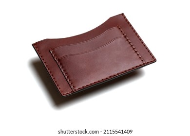 Handmade Leather Card Holder Isolated On White Background. Hand Stitched. Leather Wallet. Men's Wallet.