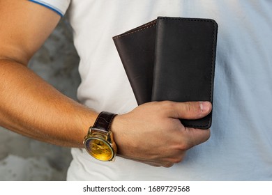 Handmade Leather Wallets. Leather Goods. Leather Craft. Two Leather Wallets Of Black And Dark Brown .