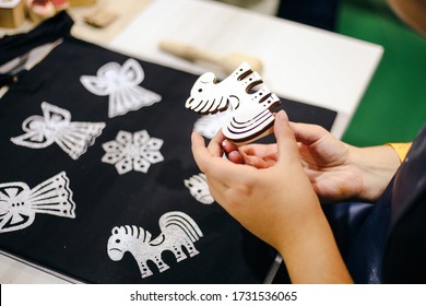 Handmade making, framing, decor process wooden white shape of horse