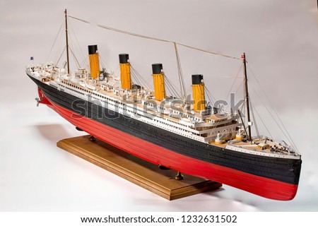Handmade model of Titanic. Beautiful Handmade model of Titanic isolated on white background. 