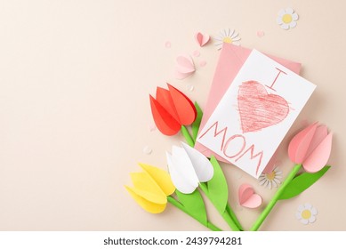 Handmade Mother's Day surprise. Top view of origami flowers, a child's handwritten note, paper hearts, and light confetti on a pale beige backdrop, with blank space for writing - Powered by Shutterstock