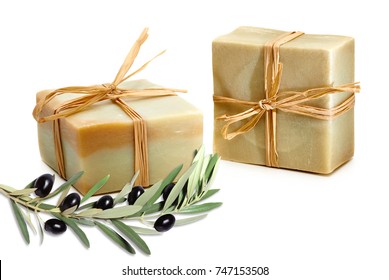 Handmade Natural Castile Soap And Olive Twig Isolated On White Background