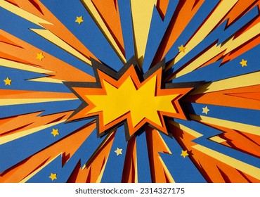 Handmade paper cutout pop art comic background with speech bubble. Cartoon flat style. In yellow, orange and blue color. Lightning. Concept.  - Powered by Shutterstock