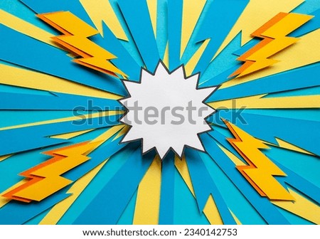 Handmade paper cutout pop art comic background with speech bubble. Cartoon flat style. In yellow and blue color. Lightning. Concept for Black Friday or Cyber Monday. 