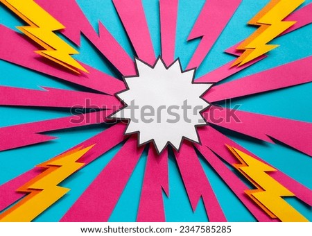 Handmade paper cutout pop art comic background with speech bubble. Cartoon flat style. In yellow and blue color. Lightning. Sale concept for Black Friday or Cyber Monday. 