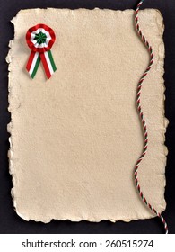 Handmade Paper To Demanding Typo And Email. Hungary National Day Is March 15th.
The Tricolor Ribbon Cockade Symbol Of The Celebration.On Antiqued Color Paper.