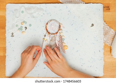 Handmade Pink Vintage Dream Catcher With Woman Hands. Craft Making Process