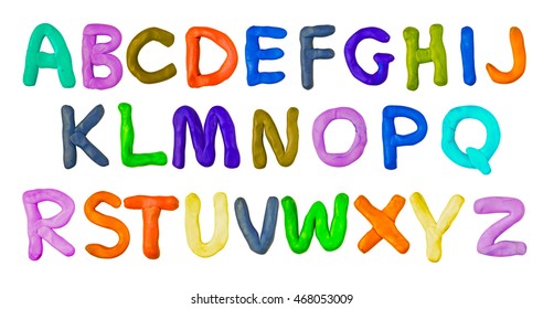Handmade plasticine alphabet isolated on white background. English colorful letters of modelling clay.