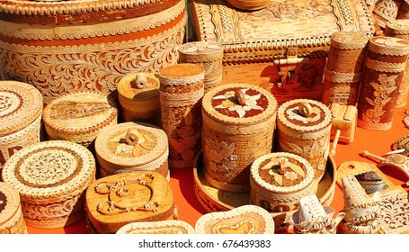 Handmade products made of birch bark. Ecological dishes made of wood Souvenirs.
 - Shutterstock ID 676439383