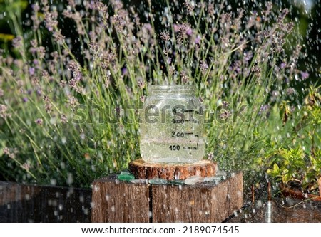 Handmade rain water gauge made of glass jar, measuring rain in home garden. Raining outdoors in garden. Also known as udometer, pluvia metior, pluviometer, ombrometer and hyetometer. Stock photo © 
