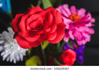 Handmade Red Rose Paper Flower Made By Using Crêpe Paper, Wire, String.