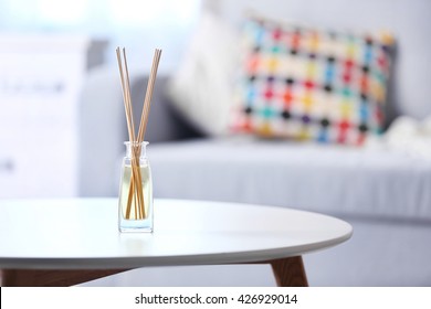 Handmade Reed Freshener On White Table In Living Room, Close Up