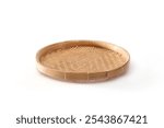 handmade round Bamboo rattan tray isolated on white background. Top view Single (Flat winnowing basket) plate bamboo basket Vietnamese art kraft mat for serving display food