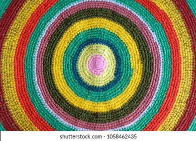 Handmade Round Multicolor Cotton Knitted Rug, Top View, Directly Above