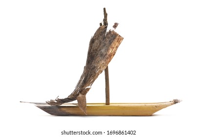 Handmade sailboat, crafted from corn stalk, stem, isolated on white background